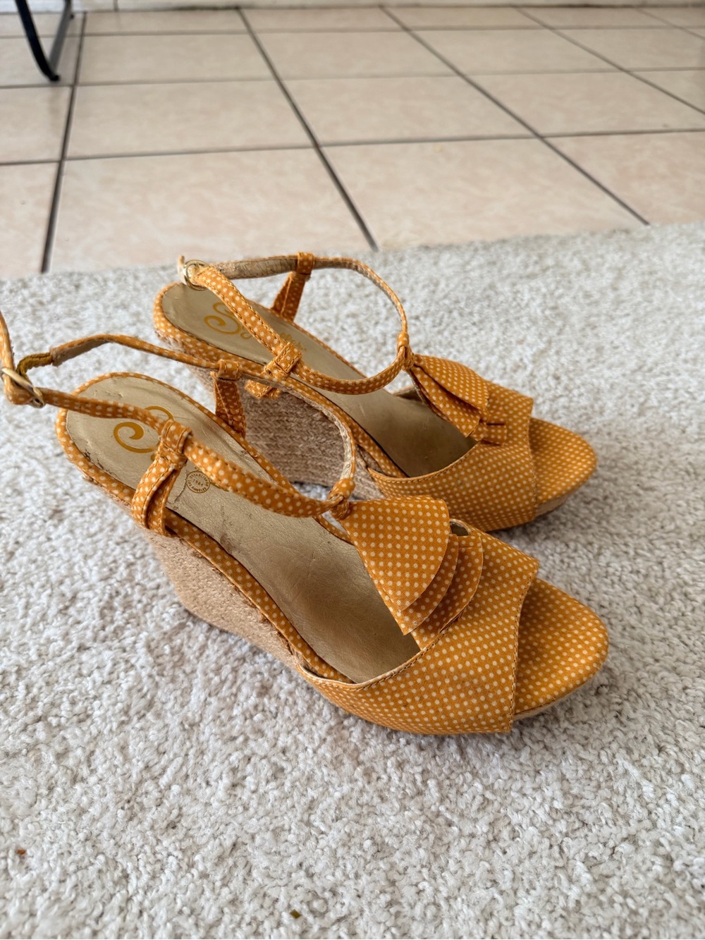 Seychelles Yellow Polka Dot Ruffle Wedge Sandals